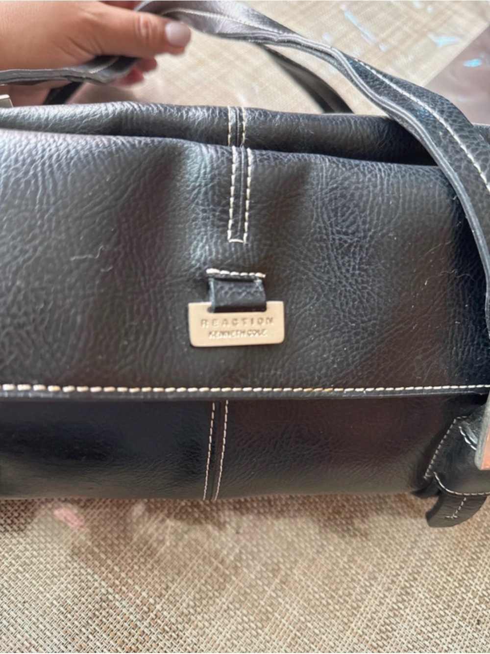 Kenneth Cole Reaction Black Leather Messenger with White Contrast Stitching